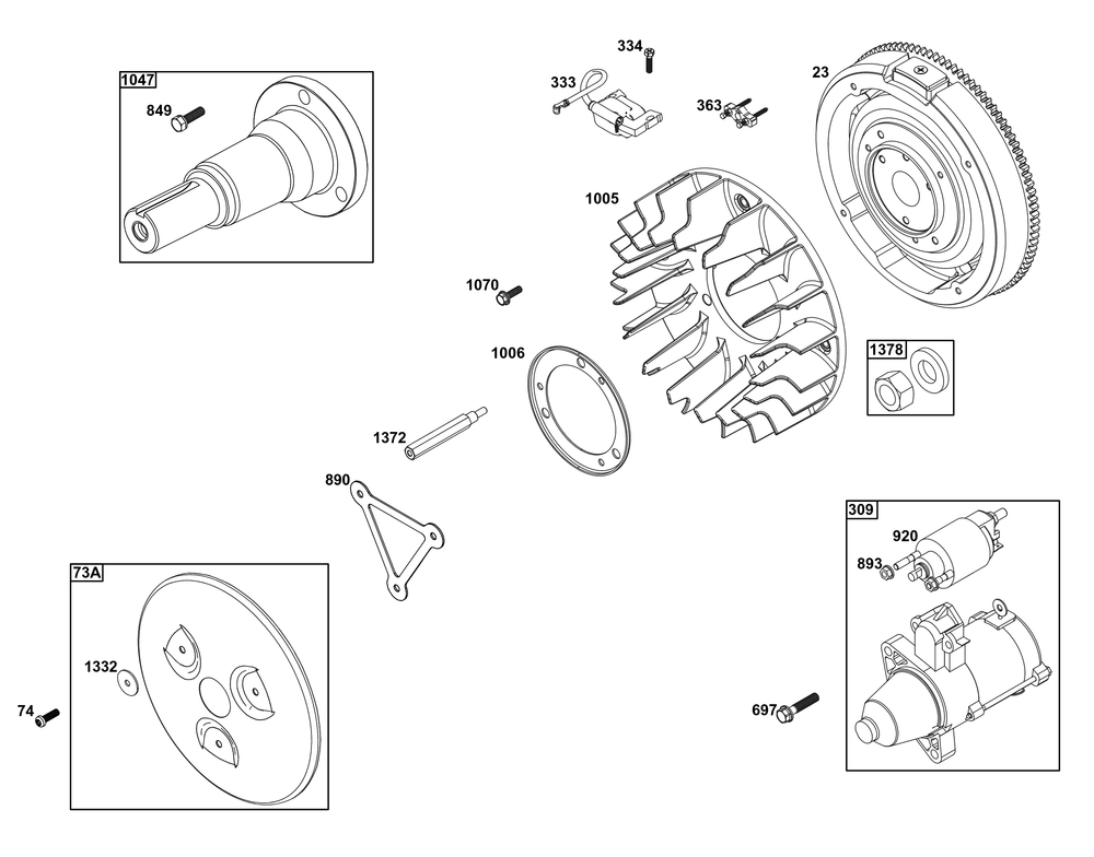 Flywheel/Ignition/Starter Group Diagram and Parts List for 61A277-0101-J1 400000 - 699999 Briggs and Stratton Engine